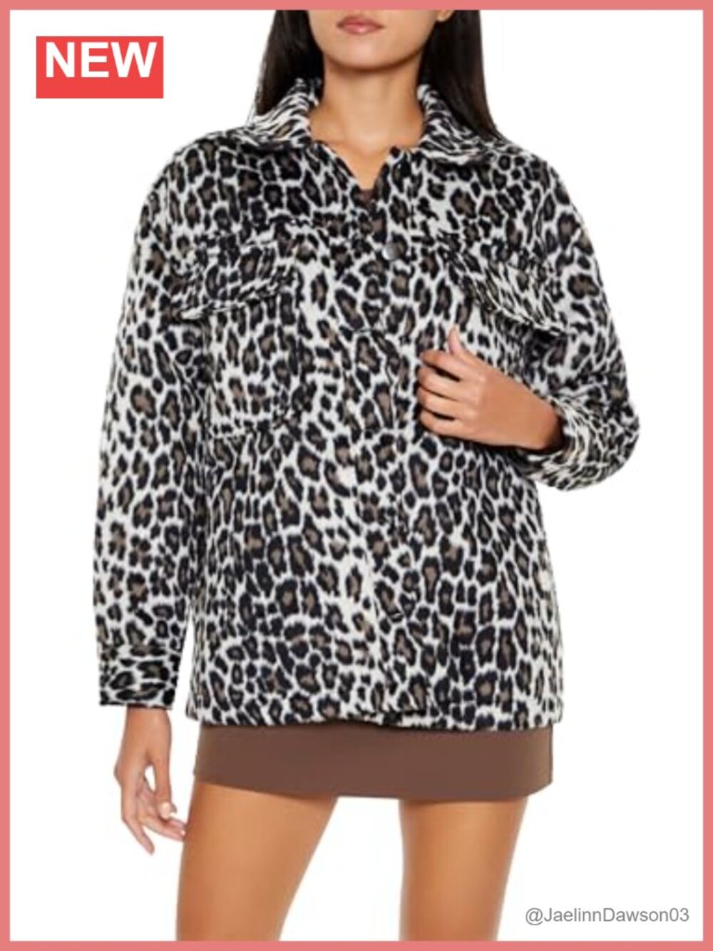 Faux Suede Leopard Print Shacket Button Front Long Sleeve Casual Jacket